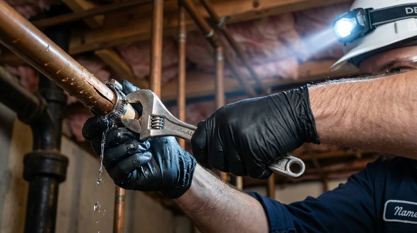 Emergency pipe clamp repair being performed by a Johns Plumbing LLC plumber in White Plains