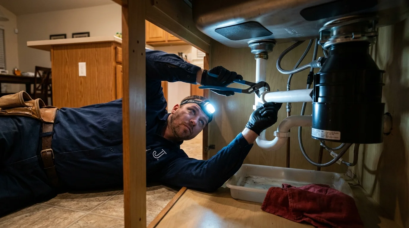 P-trap and supply line connections under a kitchen sink showing a common leak point in White Plains, NY